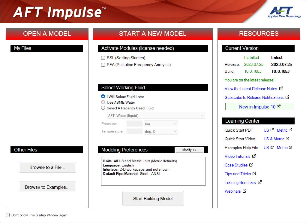 The Startup Window in AFT Impulse.